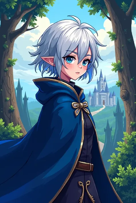 Create a female character with short disheveled white hair and light blue tips all over her hair and a deep blue cape in a medieval fantasy 8-bit game style with a forest background and a kingdom.