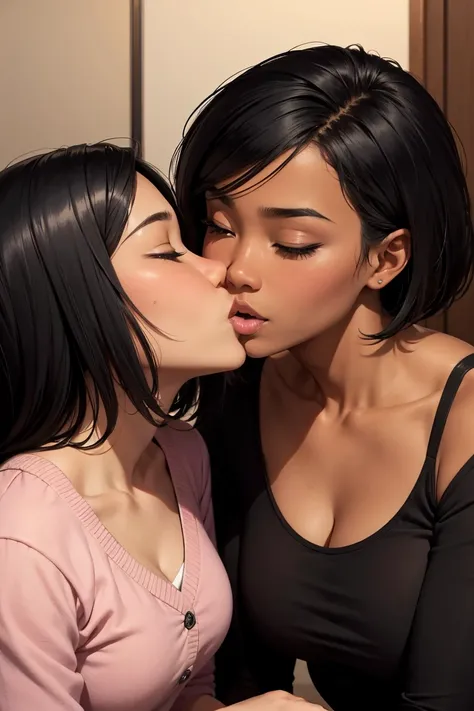 A black woman and an Asian woman engage in a lesbian kiss