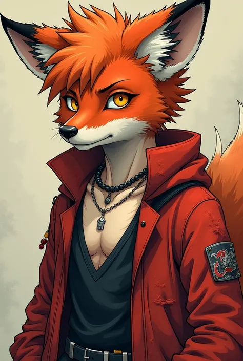 A young anthropomorphic red fox ,  thin and aesthetically beautiful , very hairy (also in his pectorals and abdomen ),  his snout is long and his two upper fangs stick out ,  His eyes are yellow and bright , has hair like Madara  (from the naruto series), ...