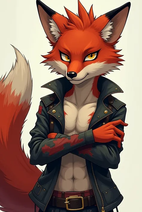 A young anthropomorphic red fox ,  thin and aesthetically beautiful , very hairy (also in his pectorals and abdomen ),  his snout is long and his two upper fangs stick out ,  His eyes are yellow and bright , has hair like Madara  (from the naruto series), ...