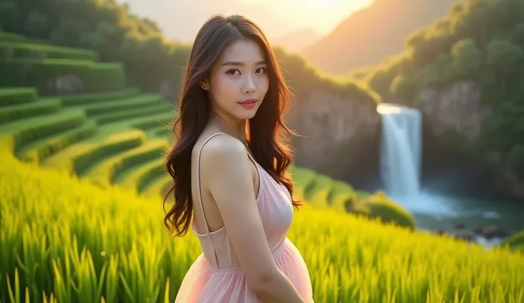 A beautiful voluptuous Korean girl, detailed face, big breasts, wearing a sundress, standing in a lush green rice field terrace, golden hour lighting, cinematic, highly detailed, photorealistic, 8K, HDR, dramatic lighting, warm colors, award winning photog...