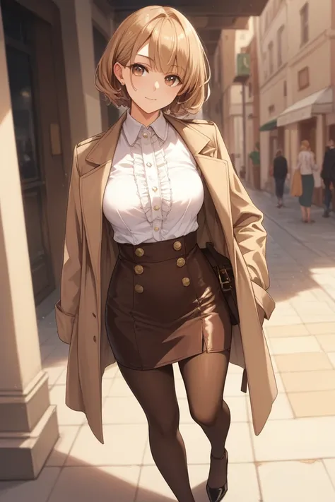  Short Blonde Hair （ bob style ）
 friendly brown eyes
Confident expression
beige long trench coat
white blouse（No ribbon）
camel brown knee-length skirt
black tights
brown elegant high heels
dark brown leather bag