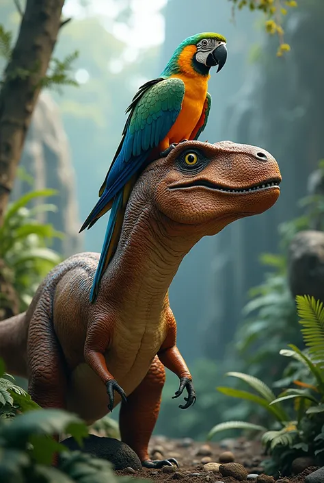 A Parrot standing on a dinasaur 