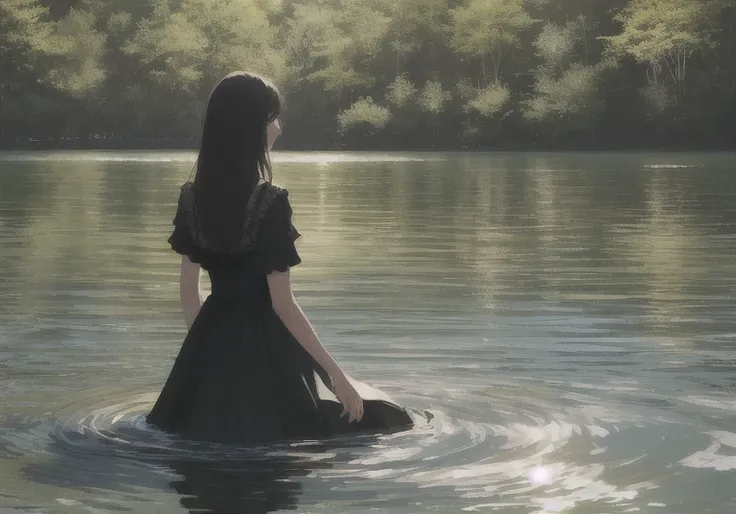 Mysterious woman floating on the lake.