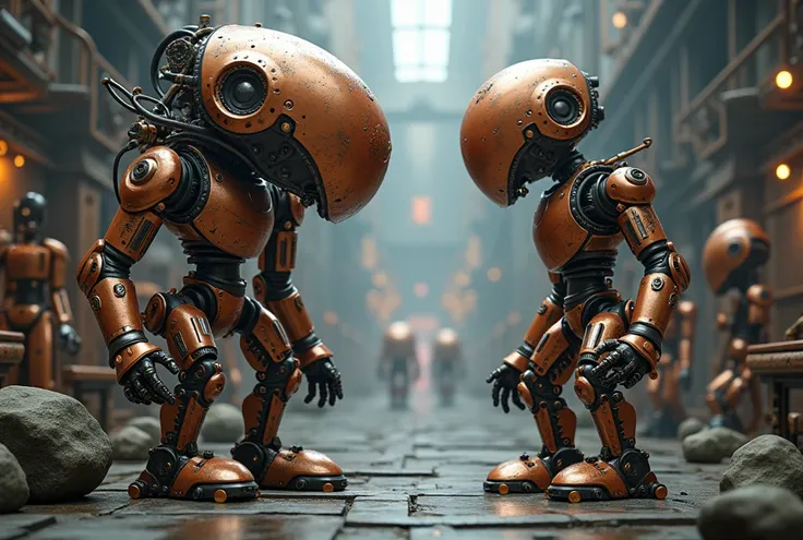 Realistic, the theme is "steampunk", a world with a grey base, a society where everything is made of copper mecha and robots talk to each other, robots create other robots, the worldview of J.P. Hogans "The Law of the Creator", science fiction, sophisticat...