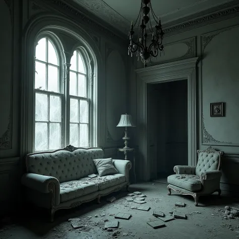 Old and abandoned mansion, gray almost black and white, many... many cobwebs in the large old windows, broken glass of some windows with large cobwebs reaching the sofa and other furniture, broken glass of the large Victorian windows, sofas and damaged and...