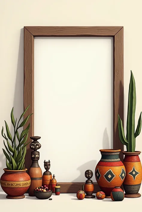 A white paint frame , with wooden edges with a darker shade ,  showing characteristics of African tribes .  Around the frame African handicrafts filling the scene.  Realistic Illustration 