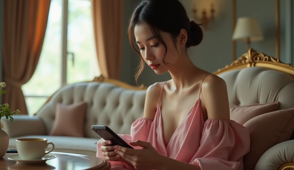 A beautiful 35 year old asian woman wearing an elegant pink dress is sitting sadly while looking at a handphone. at aluxury home. There is a cup of tea on the table