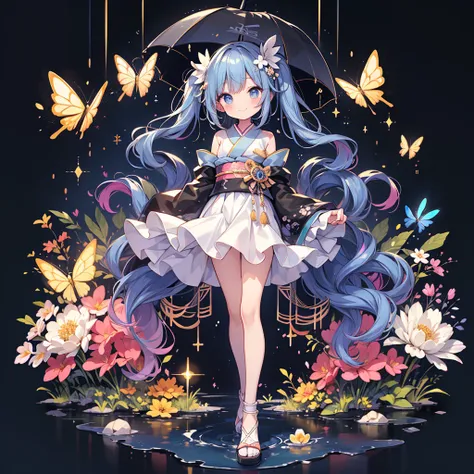 to you,] neon color、 top quality、 Highest Masterpiece、 super detailed、 dynamic best composition 、 simple background、Seven hair colors、 Smooth Straight Hair 、Goth Kimono、whole body、cute、Frills、fun、smile、Hurrah、 Cute and Unique Hairstyles、シアン neon colorパレット、...