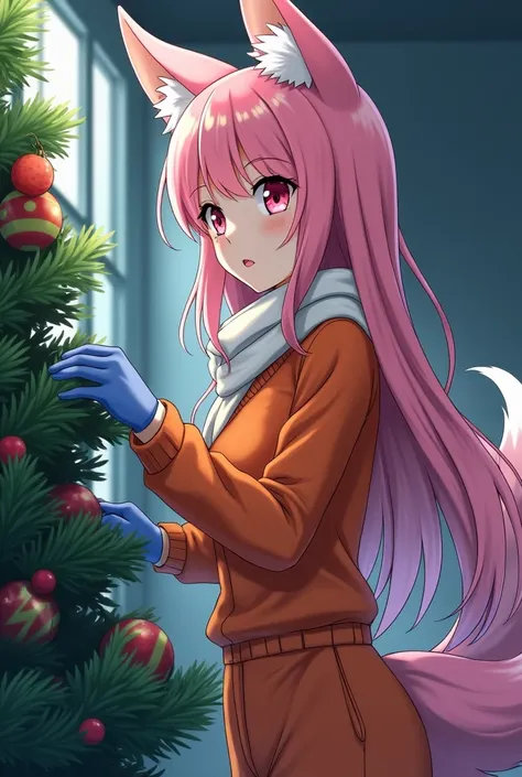 the adult prisoner women feld sadness, pink long hair, pink eyes color, Pink fox ears, pink fox tail, blue rubber gloves, orange prison jumpsuit, orange prison sweter, white scarf, She working decorate the Christmas tree in prison workshop room, daytime, a...