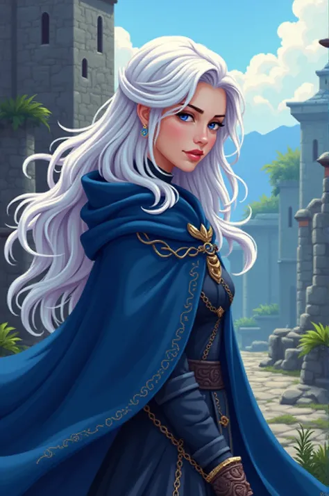 Create a white-haired female character with two light blue ends and a deep blue cape in a medieval fantasy 8-bit game style