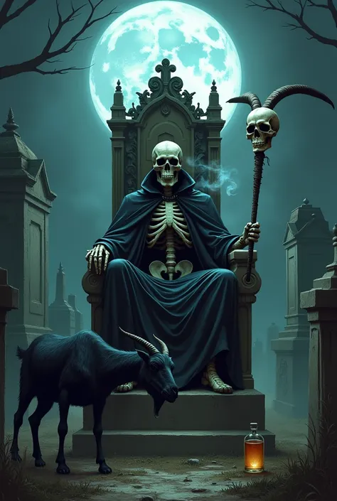 cemetery, full moon night ,  skull with black cover sitting on the throne smoking cigar, Holding Staff Skull  , Goat Black Goat   ,  beverage bottle on the floor , Tombs around 