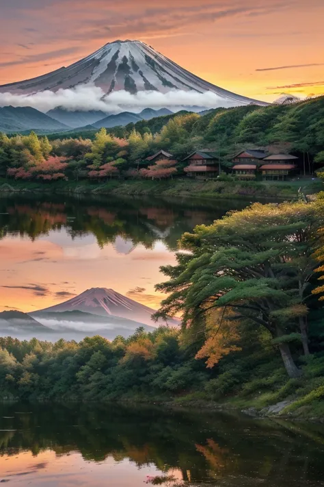 a breathtaking landscape of majestic Mount Fuji at sunrise, serene lake in foreground reflecting the mountain, vibrant orange and pink sky, dramatic clouds, lush green foliage surrounding the lake, tranquil atmosphere, highly detailed, photorealistic, cine...