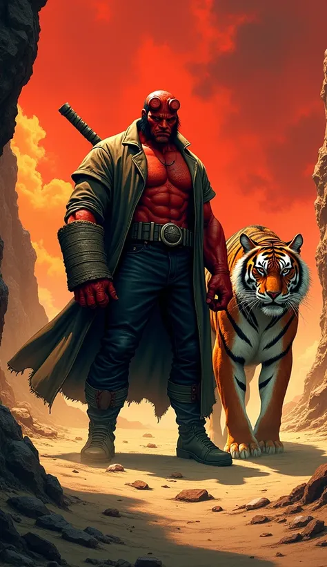 An intense and vivid scene set in a rugged desert under a fiery red sky. Hellboy stands tall and powerful, his iconic stone hand resting at his side and his other hand gripping a massive weapon. Beside him prowls a fierce and majestic tiger, its orange-and...