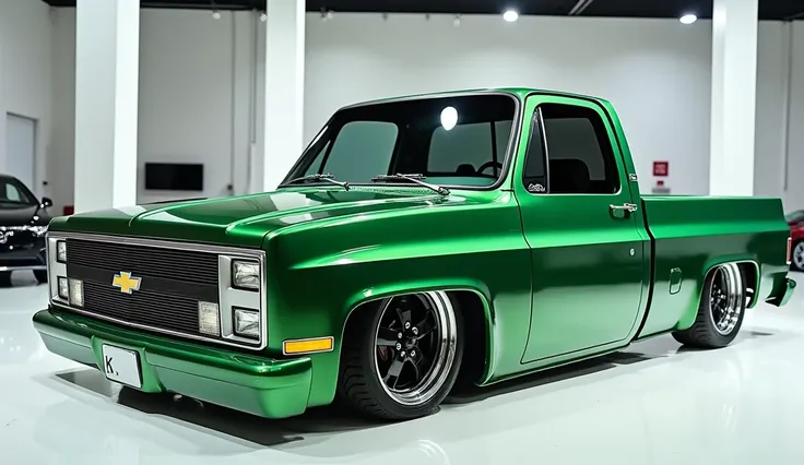 only left view view of painted full green with shiny clour 1987 Chevrolet blazer k5 Silverado sleek in large shape classic in large size with Chevrolet logo on its large detailed grille in shiny white clour with angular sporty design captured from close ba...