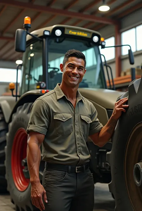 Create an ultra-realistic image of Ronaldo  one of him working at a firm. As Ronaldo hands the farm equipment, Ronaldo is working there with a smile