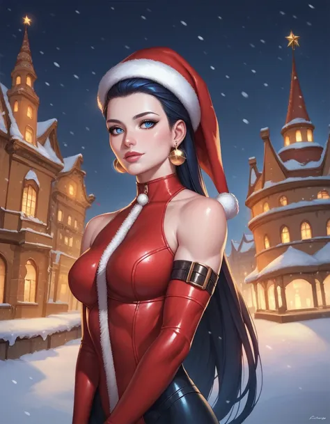 female sleeveless catsuit, bare shoulders, racerback, bare toned arms, beautiful faces, black ponytail with showing forehead, long ponytail, earrings, soft smooth skin, pale skin, winter city background, blue eyes, sci-fi, high contrast, christmas, wearing...