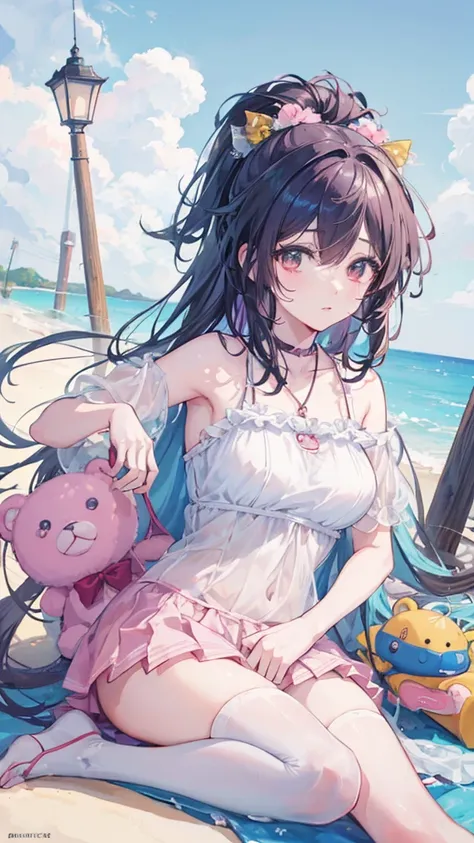 A woman is holding a teddy bear on the beach, Cute realistic portrait,  cute anime girl ,   A cute girl with a lamp in animated comics  , Smooth Anime CG Art, Artwork in the style of Govitz, portrait of  cute anime girl , Lovely portrait,  A beautiful anim...