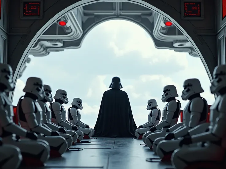 ( best quality )), ((masterpiece)), ( detailed ), darth vader is sitting in the middle in the distance on the spaceship,  8 imperial soldiers in white uniforms sit looking at each other on the right and left