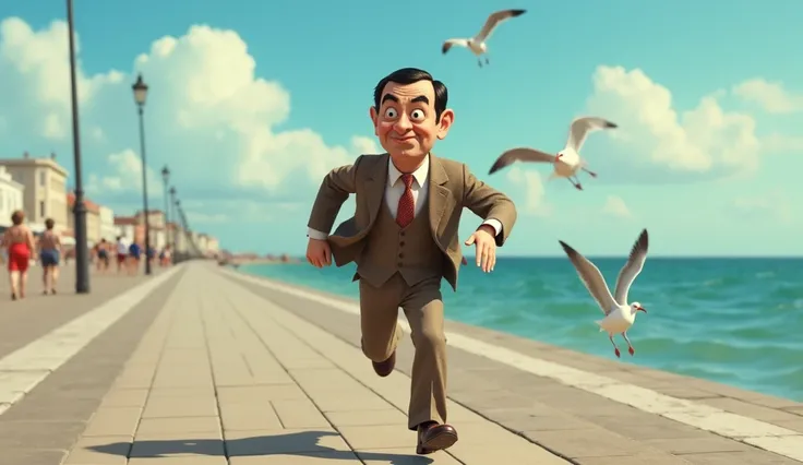 Mr Bean running at seaside, make it reslistic