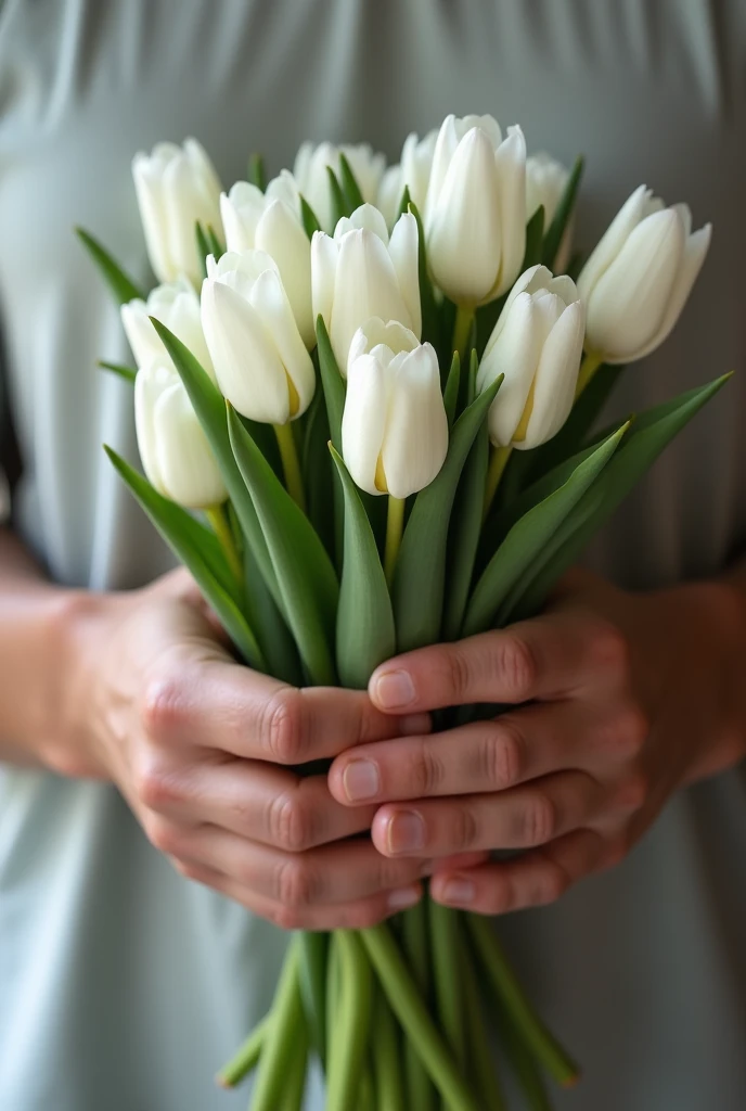 White tulips in male hands 