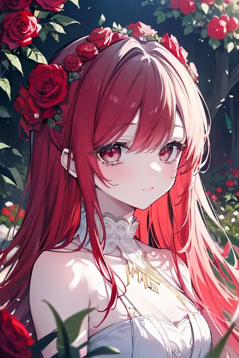 A beautiful girl in a red flower garden, elegant long hair, breathtakingly detailed portrait, delicate facial features, dreamy expression, rose crown, flowing dress, fairy-like, vibrant colors, natural lighting, photorealistic, 8k, highly detailed, intrica...