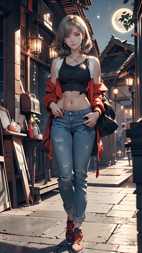 (Sci-Fi Fantasy), (masterpiece), (Cafe) ( top quality), (8k resolution), ( 1 beautiful girl), ((Pale grey skin)), (Iron grey skin), ((Jeans Clothes)),(Midriff red jacket)), ((Under a Black T Shirt ), ((Red lipstick)), (( black sneakers )), ( concept art), ...