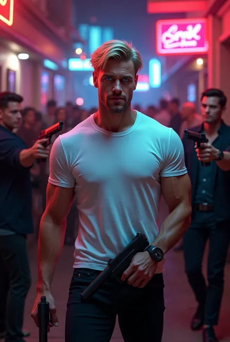       Create a realistic image of an attractive man at the entrance of a nightclub  . has blonde hair,   blue eyes and clothing consisting of a white t-shirt and black pants  .  He carries a gun in his hands but with a half-sided smile in a sarcastic manne...