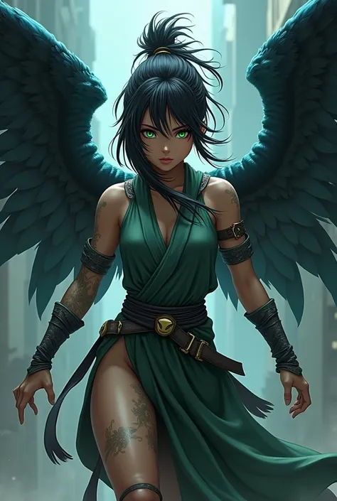  nija girl green eyes with big crazy balck bule wings fighting style more fit cloth big boobs 