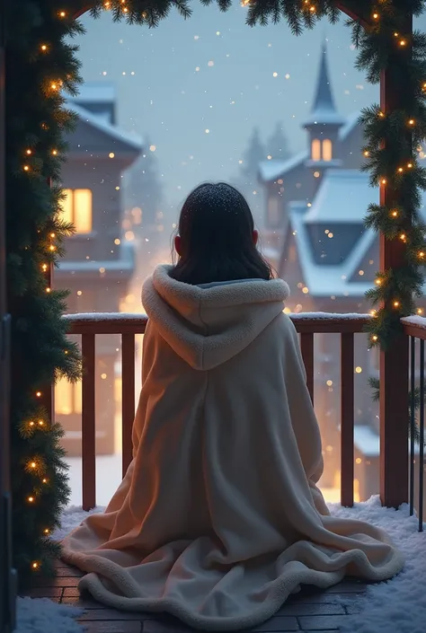 Create real image of a girl backside sitting on balcony wearing blanket Hoodie on her head Christmas background