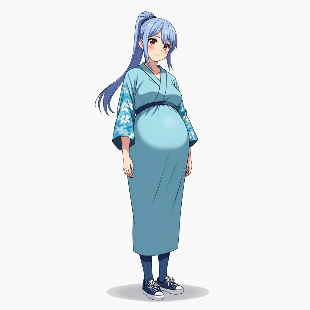 anime girl, long hair, big pregnant, brown eyes , very big breasts, very big belly , hyper-pregnant girl , the biggest belly , anime style, high resolution, blue hair, big breasts, hyper-pregnant girl with a big belly, blue hair, full height, hair in a pon...