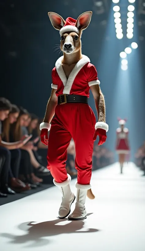 一只袋鼠穿着圣诞节服饰在T台上Catwalk，fashion week，Catwalk，spotlight，red and white christmas costume， red pants and white boots ，Santa hat，Hyper-Reality，Realism，Fashion boots