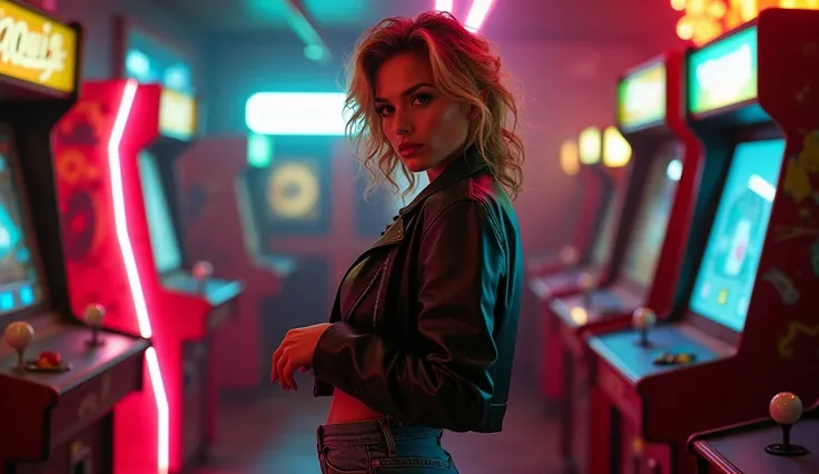 Sharon Stone from the movie " Oh Science 1985 ",  perfect body ,  big breasts , She is next to the camera very sexy, 80s,  denim shorts,  leather jacket, Vintage mother ,  old film aesthetic ,  80s hairstyle ,  messy voluminous curls ,  photographic grain ...