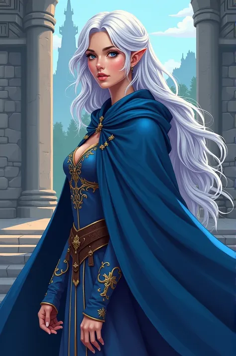 Create a white-haired female character with two light blue ends and a deep blue cape in a medieval fantasy 8-bit game style