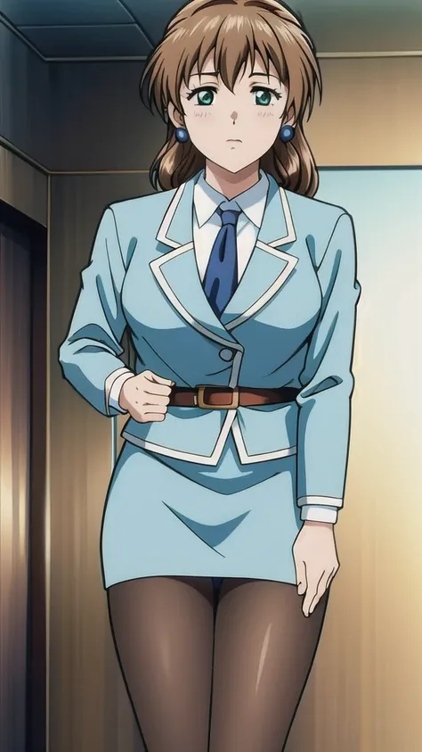 Kumi Takashima、 black tights、Brown Hair、 long hair、bangs、優しい笑face、Green Eyes、 full body style that reflects your whole body、Normal milk、 narrow waist 、Bare legs、 in a suit、 blue jacket , collared shirt 、 white shirt、 blue tie,belt, blue mini pencil skirt, ...