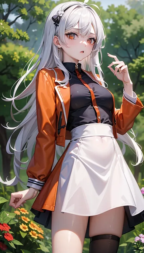 1 Girl, masterpiece,  are of the best quality,  high quality, Olga_Mary, White_hair, orange_Eye, LONG hair, hair在Eye之间, Long sleeve, jacket,  red vest, skirt, skirt, Tights, hair很长,  cowboy shooting, 