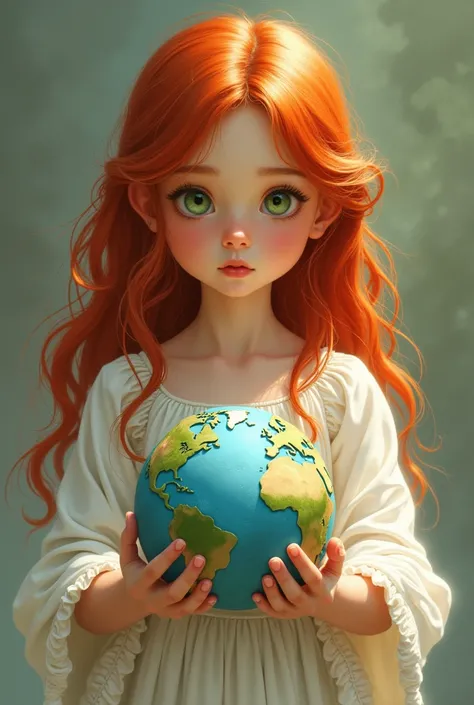  Illustration of a portrait of a girl with green eyes, red long hair ,  in a white dress, with a figure of earth in her hands 