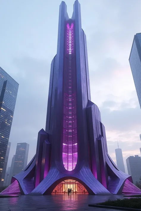 I want a partner building that has a long crystal shape and has several lengths. I mean, the side of the text is long and the sides are middle and smaller. The color is very dark purple and a realistic glass shape that shines