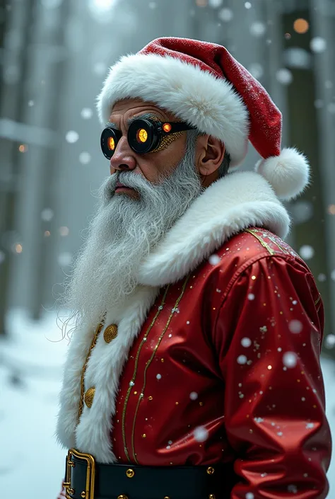 A humanoid Santa Claus with a futuristic, metallic design, wearing a high-tech, luxurious red and white suit adorned with gold accents. His face is human-like, but instead of eyes, there are two slices of black lemon, glowing faintly with a mysterious ligh...