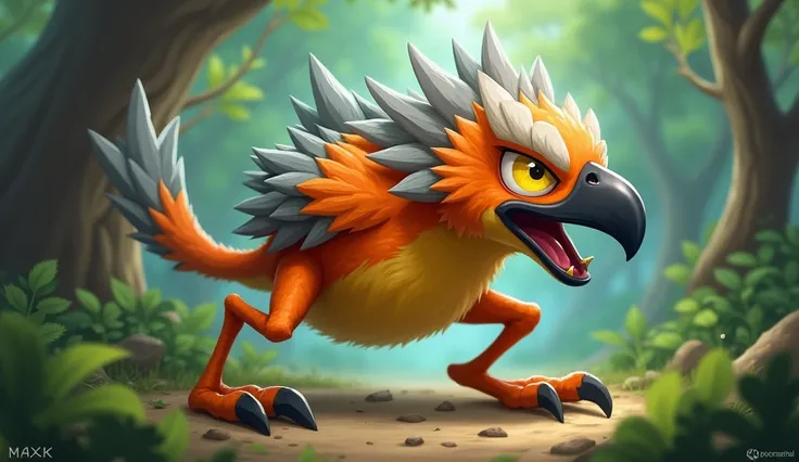  the monster with a bird motif 。 creature with an orange body 、The head is covered with feathers, but 、 It is designed with a characteristic gray pattern in part。 has large yellow eyes and a sharp beak 、 with a black pattern drawn around the eyes as an acc...