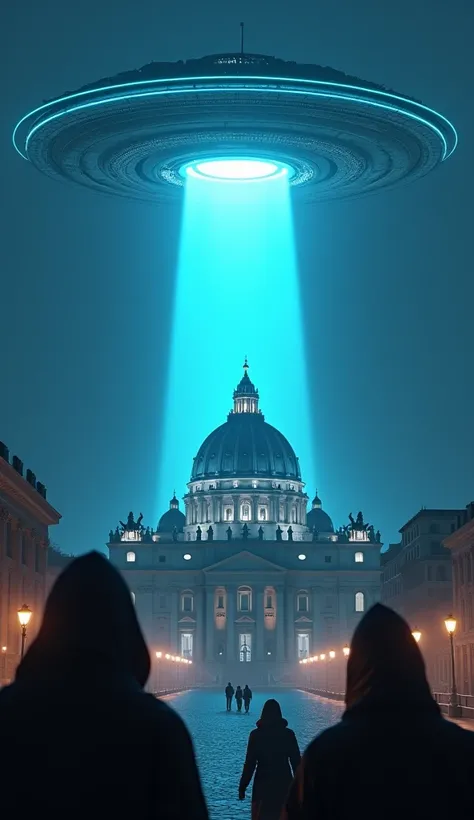  A giant alien ship descends on the Vatican during the night ,  projecting a beam of bright blue light that envelops the dome of St. Peter, while hooded figures watch from the square .

