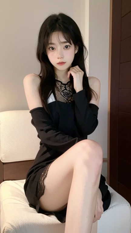 Masterpiece, high detailed, detailed beautiful eyes, detailed beautiful lip and face, high resolution, a portrait of Asian woman seated in a stylish indoor setting, wearing a black lace dress. She is posing confidently, with her legs crossed and one hand r...