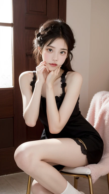 Masterpiece, high detailed, detailed beautiful eyes, detailed beautiful lip and face, high resolution, a portrait of Asian woman seated in a stylish indoor setting, wearing a black lace dress. She is posing confidently, with her legs crossed and one hand r...