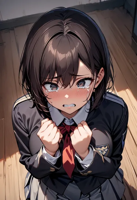 (  Masterpiece ,   top quality:1.2), 1 girl, Alone,  Expressive Eyes , Crouch on the floor, ((Looking up)),  looking at camera,  Female College Student,  dark haired short hair,, Big tits uniform, Troubled face,  I have tears in my eyes, (Looking down), ((...