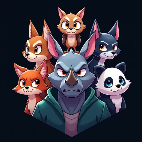 Logo Hexagon for Varsity jacket. a close up of a cartoon character with a bunch of other characters, in style of disney zootopia, style of anime japan, gangs, cartoon from the 90s. Include 6 character, Rhinoceros, Owl, Cat, Fox, Wolf and Panda with all ser...