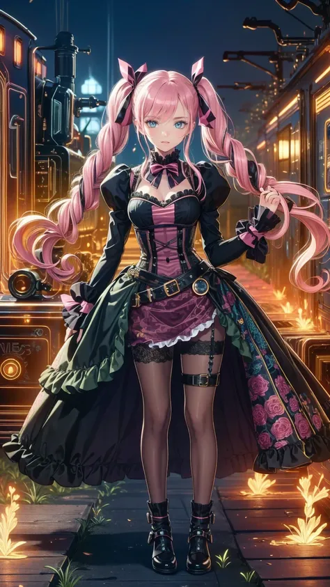  steampunk/ steampunk/ Steampunk 　、 woman, 22,  She has olive green eyes and long blond hair braided over her shoulders., Tied with ribbon and heart, Pale pink scrunchie, Red Clip. Her hair is light in color、This is getting very long.,  worn with twin tail...