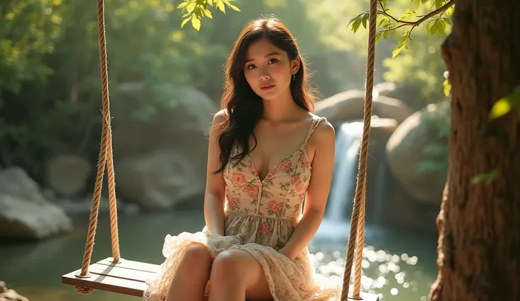 A beautiful voluptuous Korean girl, detailed face, big breasts, wearing a floral sundress, sitting on a swing facing camera,, cinematic, highly detailed, photorealistic, 8K, HDR, dramatic lighting, warm colors, award winning photography, waterfall