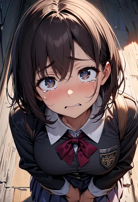 (  Masterpiece ,   top quality:1.2), 1 girl, Alone,  Expressive Eyes , Crouch on the floor, ((Looking up)),  looking at camera,  Female College Student,  dark haired short hair,, Big tits uniform, Troubled face,  I have tears in my eyes, (Looking down), ((...