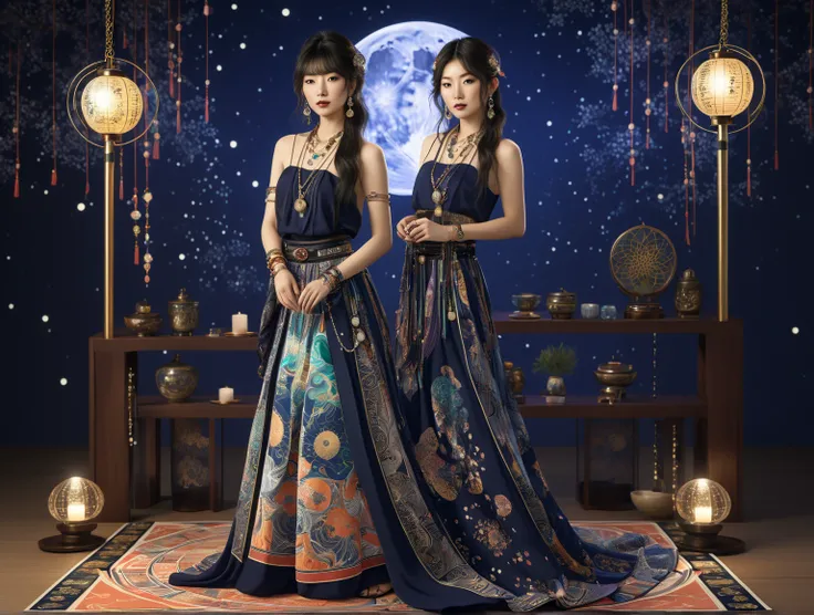 A photorealistic, full-body image of a young Japanese woman in her 20s styled as a modern fortune-teller. She wears a trendy bohemian-inspired outfit, such as a flowing dress with intricate patterns or a fashionable skirt and top. Her look is accessorized ...