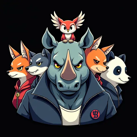 Logo Hexagon for Varsity jacket. a close up of a cartoon character with a bunch of other characters, in style of anime japan, gangs, cartoon from the 90s. Include 6 character, Rhinoceros, Owl, Cat, Fox, Wolf and Panda with all serious Expression. Backgroun...